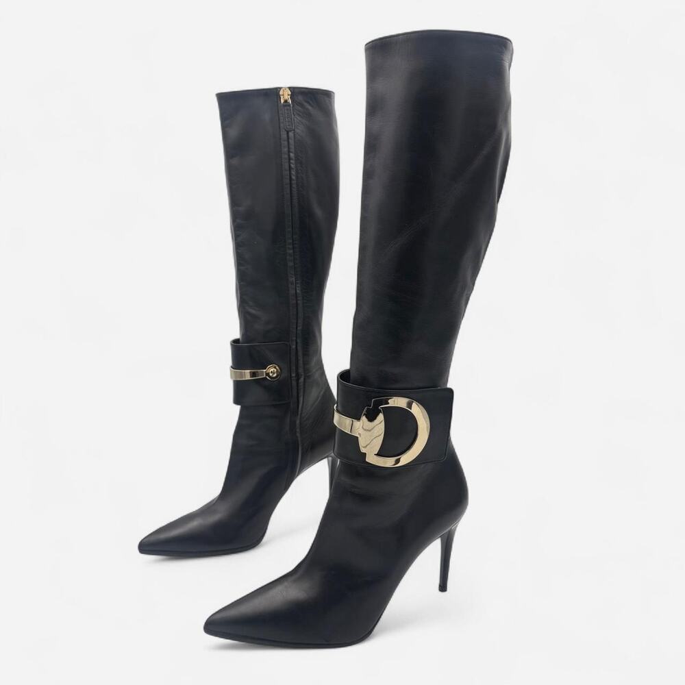 Vintage Gucci Black Leather Knee-high Boots with Horse Bit Detail